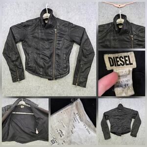 Diesel Jacket Womens Small Black Moto Biker Asymmetrical Zip Quilted Cotton